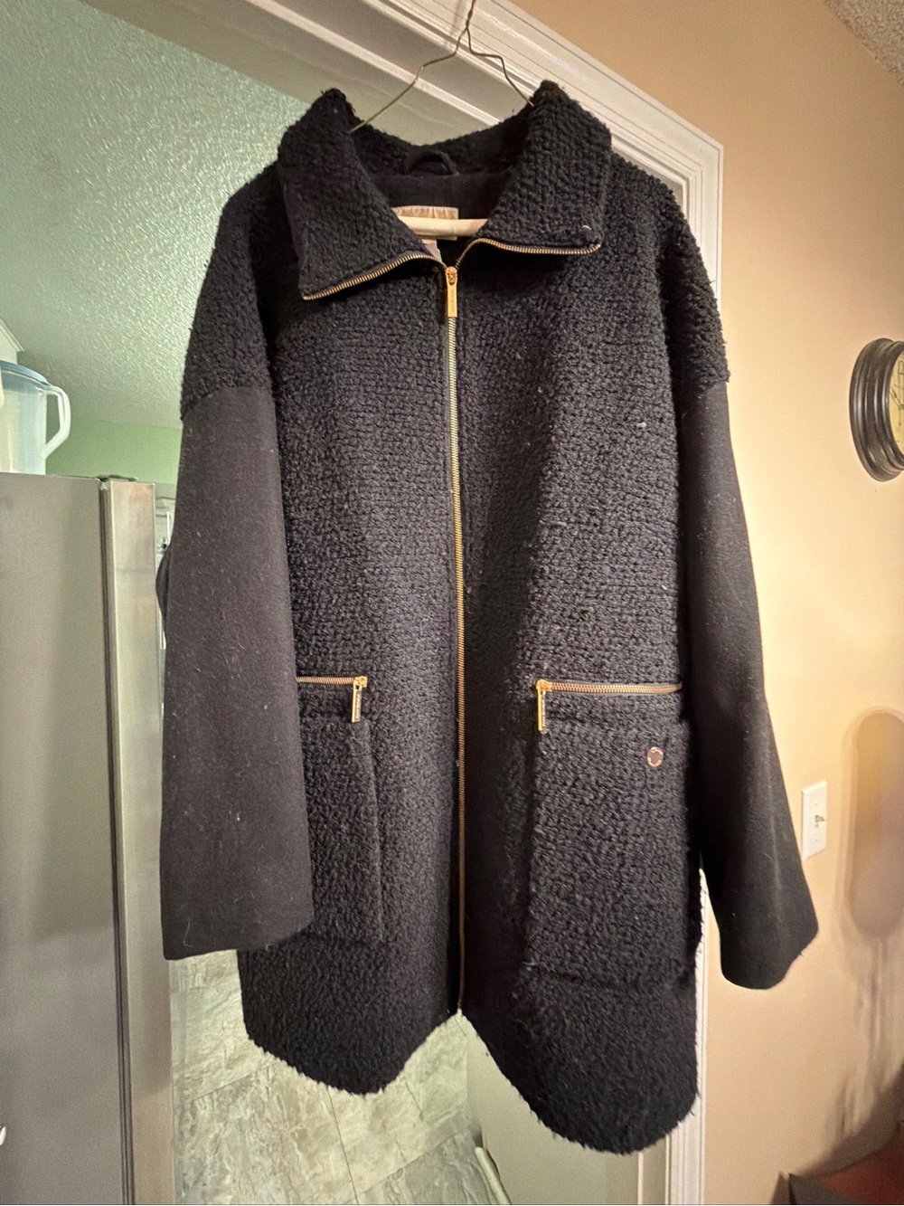 Michael Kors Black Teddy Zip-Front Coat with Gold Accents